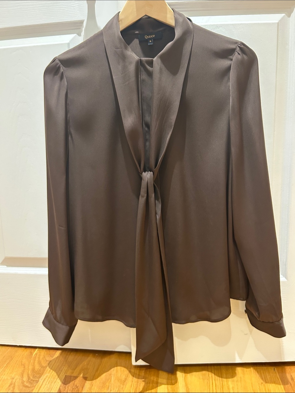 Quince Chocolate Brown Tie-Neck Long Sleeve Blouse